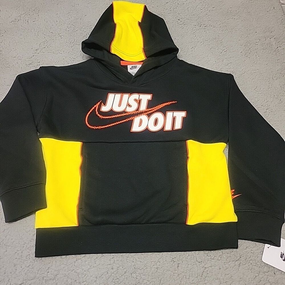 NEW Nike‎ Swoosh Sweater Boys 7 Black Hoodie Just Do It Pullover Sweatshirt